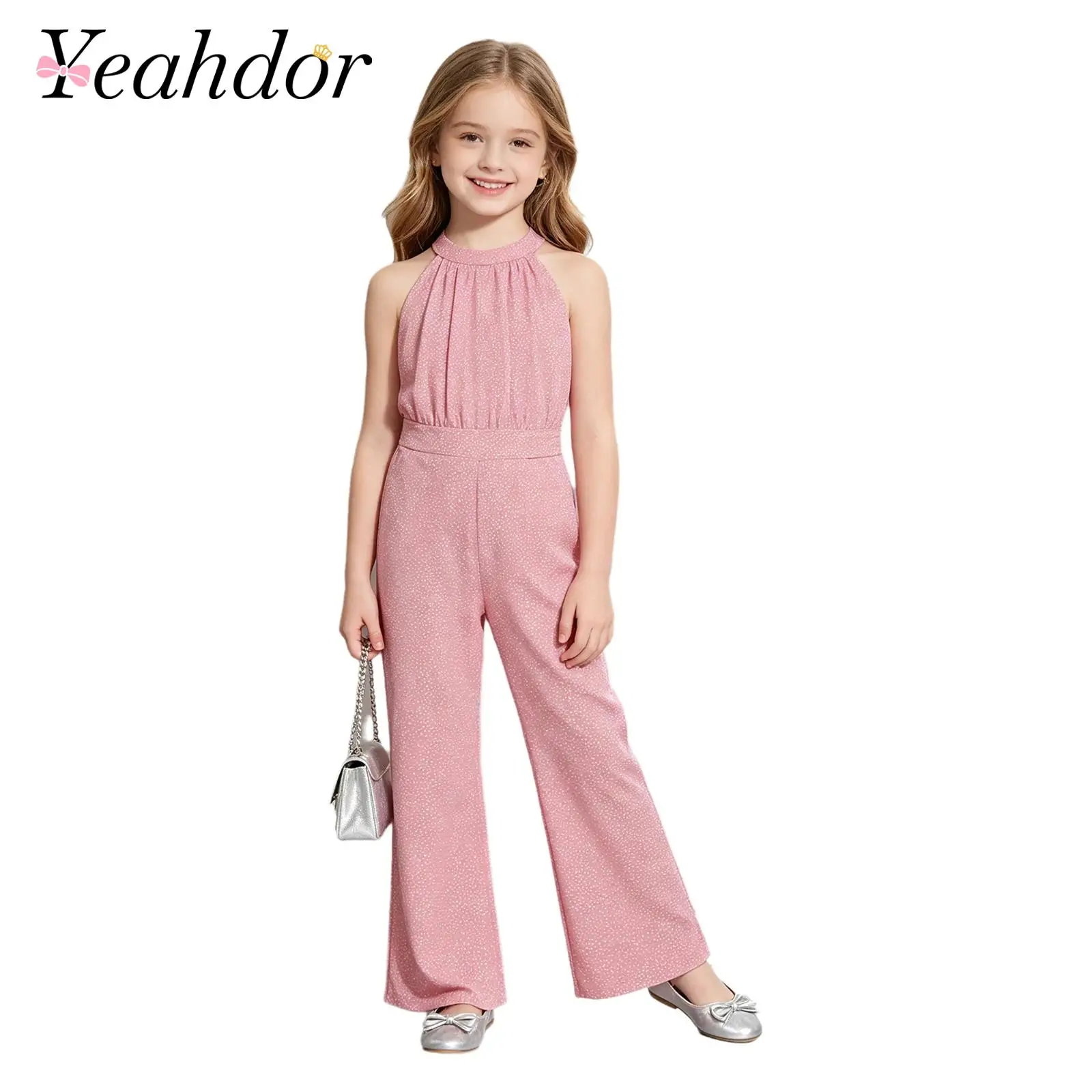 

Kids Girls Shiny Party Rompers Glittery Jumpsuit Halter Sleeveless Wide Leg Jumpsuit Childern Modern Lyrical Dance Jumpsuits