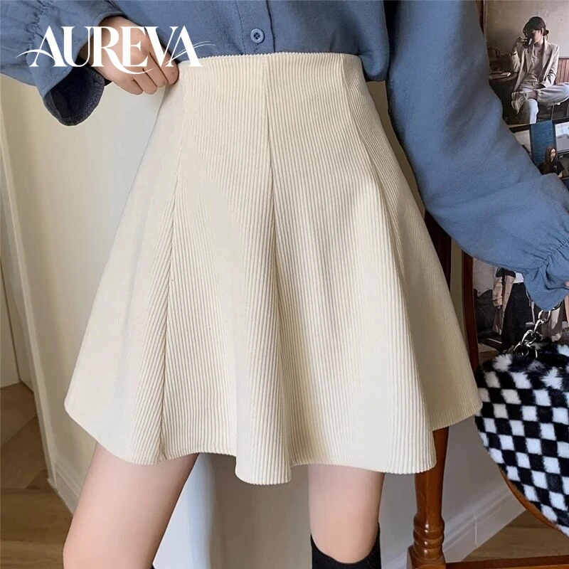 Plus Size Corduroy Mini Skirt High Waist A-Line Flared for Women Autumn Winter White Coffee Color Slim Fit Hip Wrap Skater Skirt