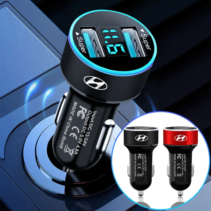 Carregador de carro com 2 portas usb, carregamento rápido, display digital, acessórios para carro, para hyundai i30, elantra, solaris, palisade, tampas centrais de roda