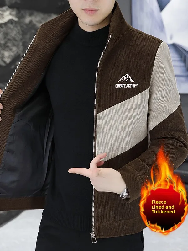 

Men's Fce Lined Jaet Autumn Winter New Sle Stand Collar Patchwork Embroidered Corduroy ort Korean Sle Workwear