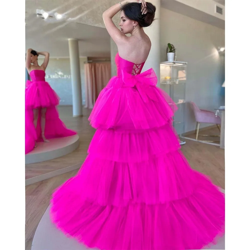 

Baby Pink Tulle Strapless A-Line Cocktail Dress With Bow High Low Tiered Long Train Off Shoulder Prom Dresses 2023 Evening Gowns