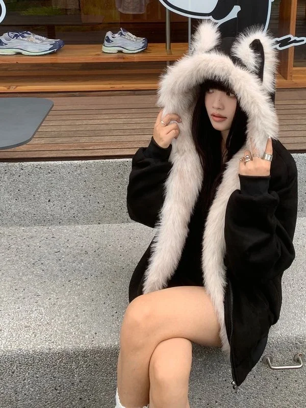 

Winter Thiened Cotton Jaet with Hood Loose Fit Suede Fur Collar Men's Warm Coat Youth Faion Daily Wear Polyester Fill