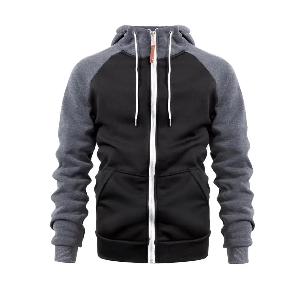 

Men Winter Outerwear Thick Zipper Closure Hooded Men Coat with Drawstring Patchwork Mid Length Pockets Winter Fall Hoodie Men