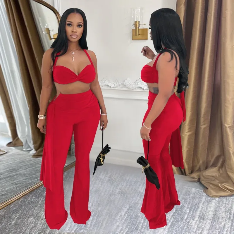 

XTOCEAN Ruched 2 Piece Set Women Sexy Halter Backless Bra+Metal Casp Ribbon Flared Pants Matching Party Club Stretch Outfits