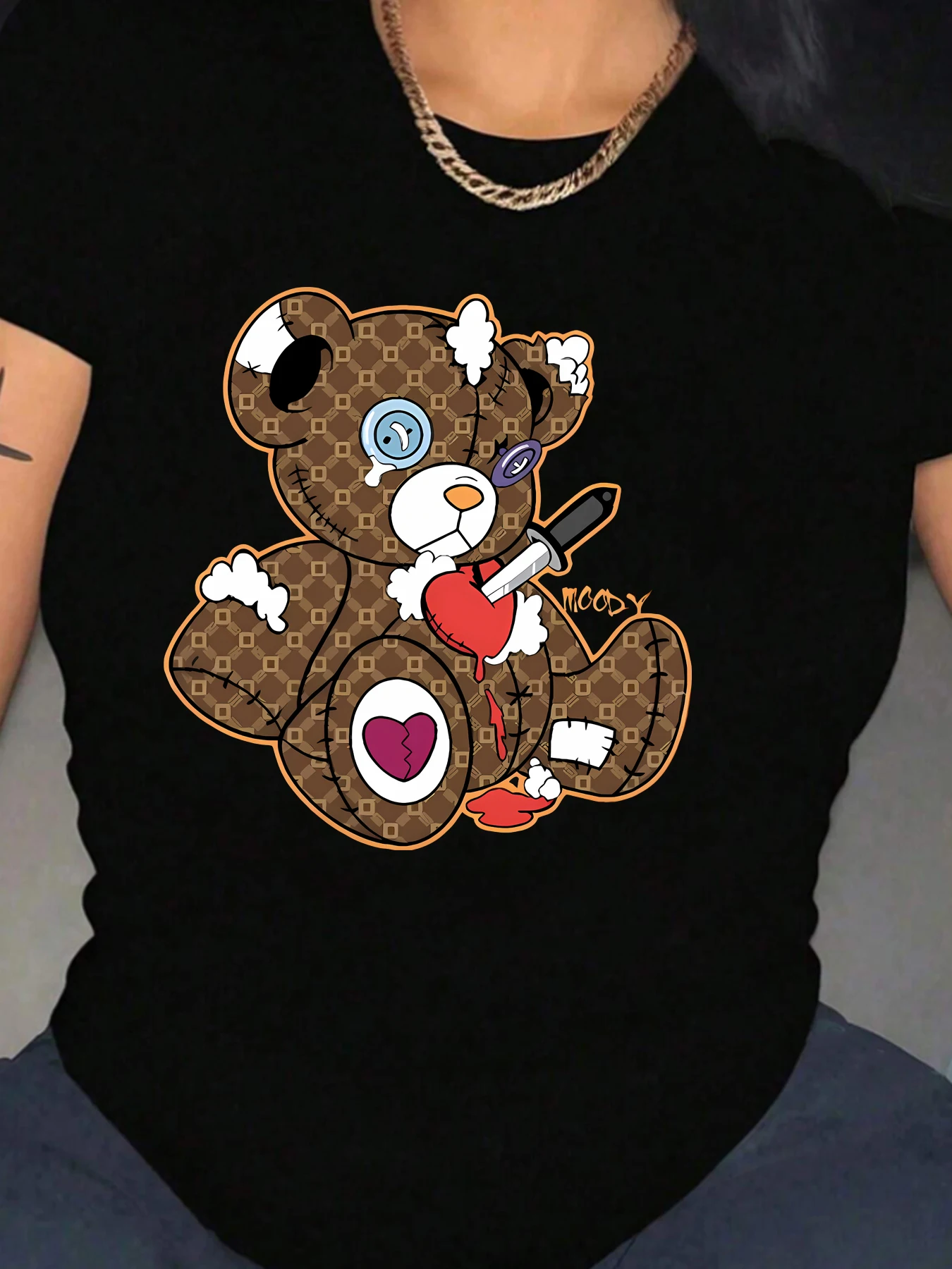 

MOODY letters and shabby bear doll patterns Joker ladies short-sleeved T-shirt summer casual trend women clothing