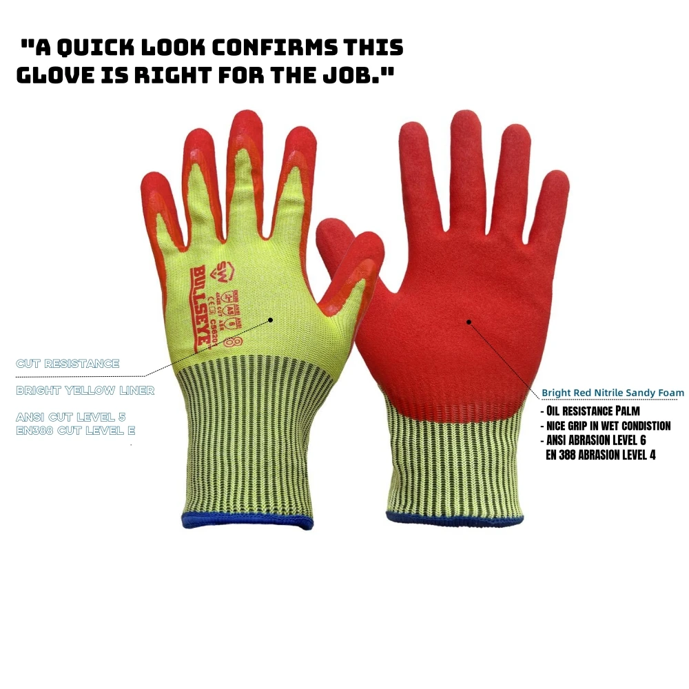QearSafety Cut level 5 Protection Work Gloves, HPPE fiber Knitted, Sandy Orange Color Nitrile Palm Coated,Anti-slip, Flexible