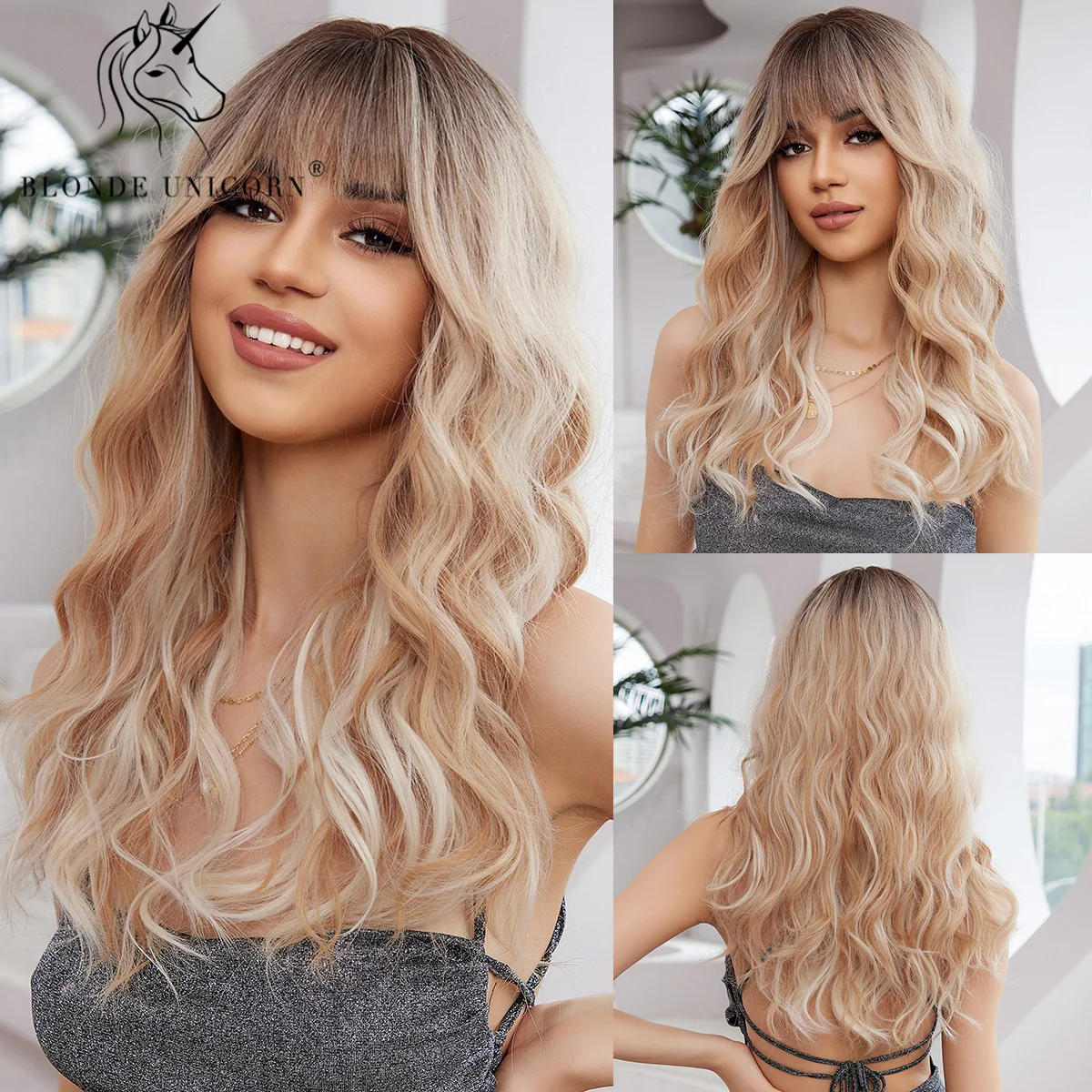 

Blonde Unicorn Long Wavy Wigs with Bangs Synthetic Ombre Brown Blonde Wig Cosplay Party Use Heat Resistant Fiber for Women