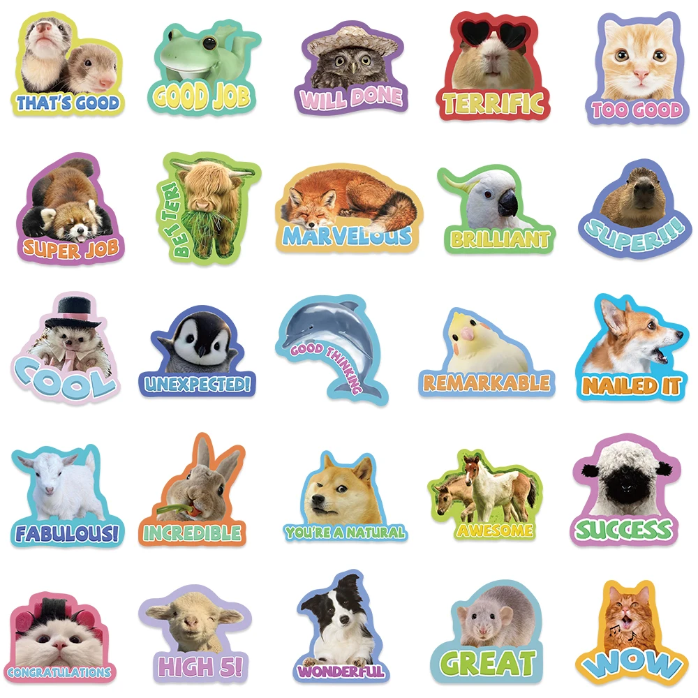 50PCS Animals Encourage Phrase PVC Sticker Aesthetic Color Decoration Scrapbooking Sketchbook Stationery School Rewards Supplies