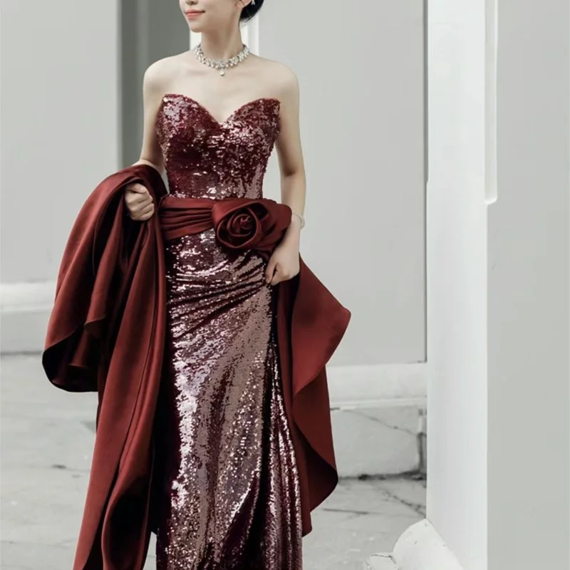 Fishtail new wine red light luxury minority sense banquet host dress