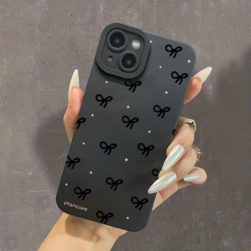 Phone Case For iPhone 16 15 14 Pro Max 11 12 13 Pro Max Mini 7 8 Plus XR X XS Max SE 2 Black Bow Print Silicone Shockproof Cover