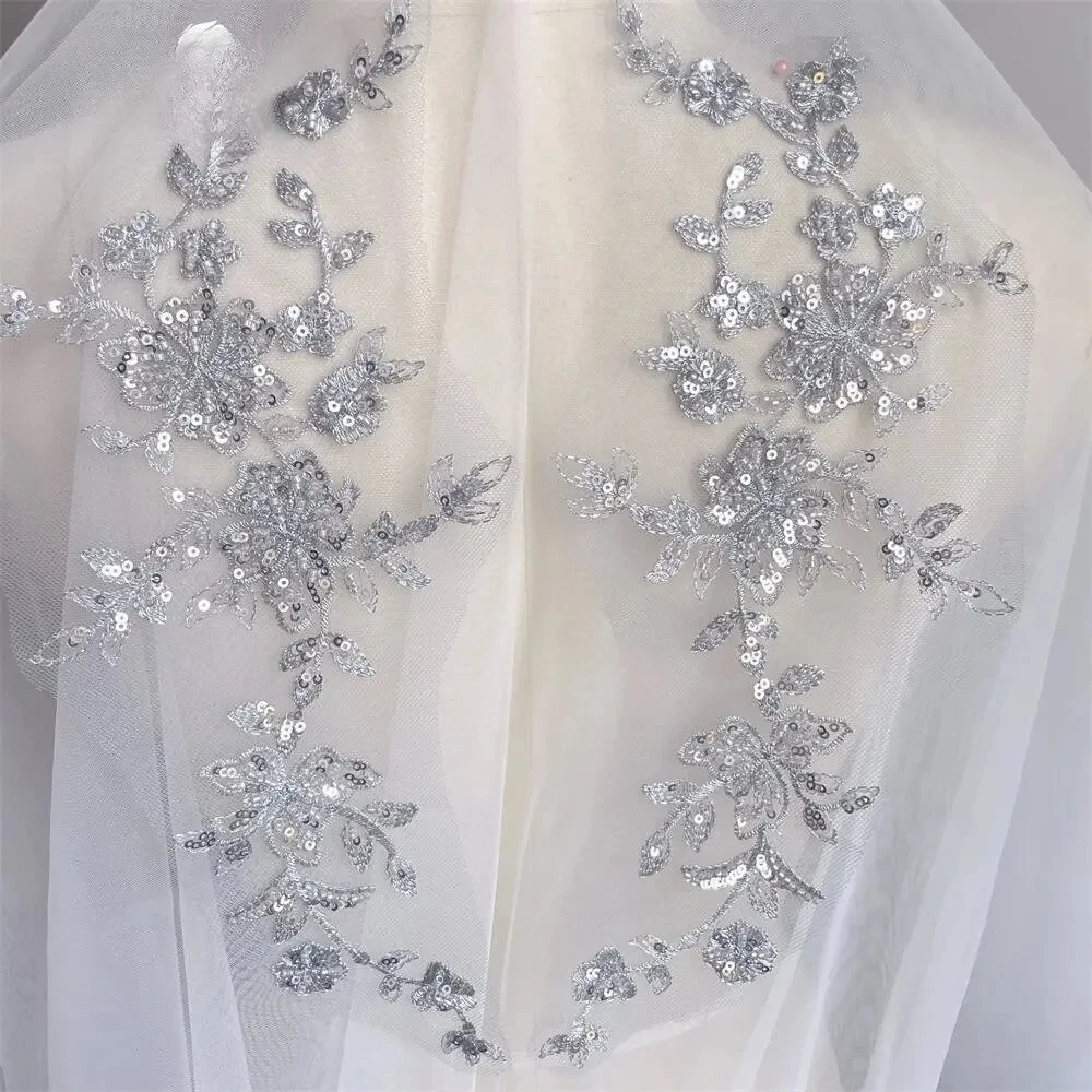 

4pcs/2pair,4 Colors, 32*14cm.Sequin Tube Bead Embroidery Lace Applique, Hanfu Headwear, DIY Lace Patch, Mirrored Flowers