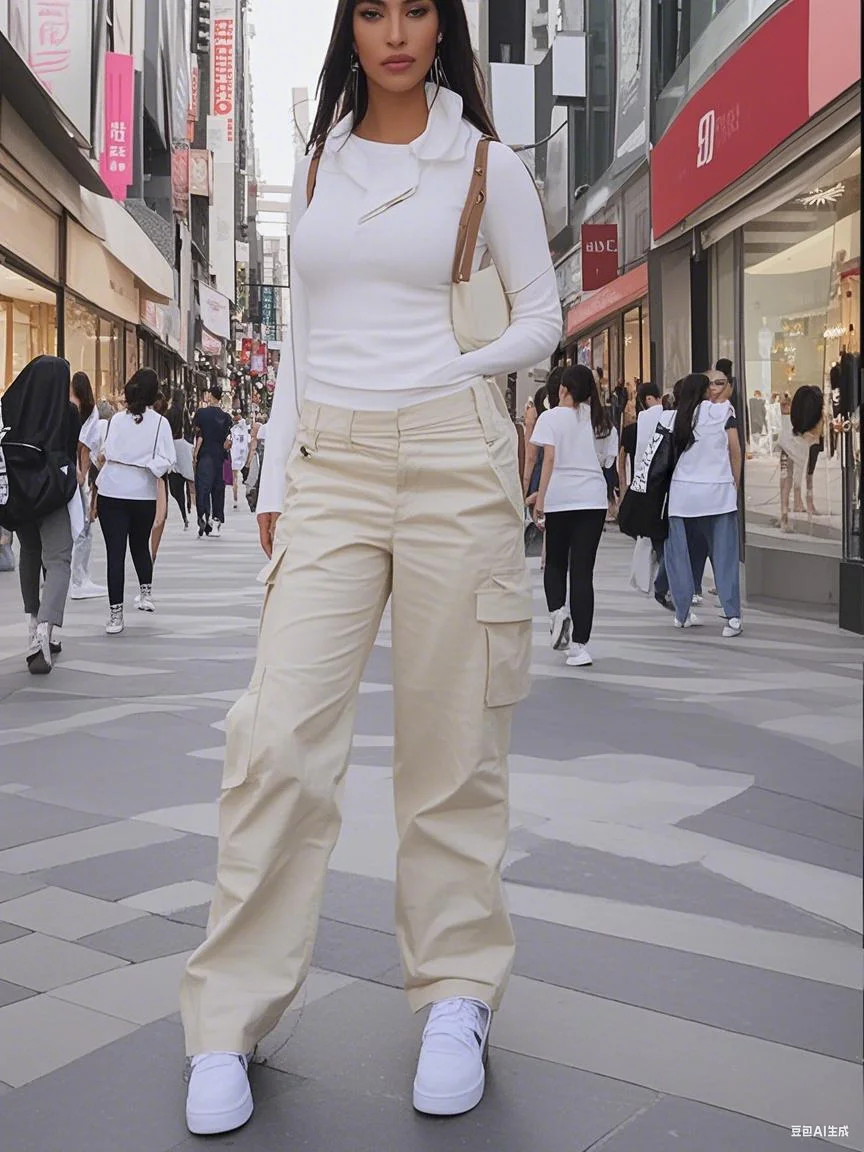 

Women's Apricot-colored High-waisted Work Pants Wide-leg Straight Sportswear Hiking Pants and Street Casual Trousers