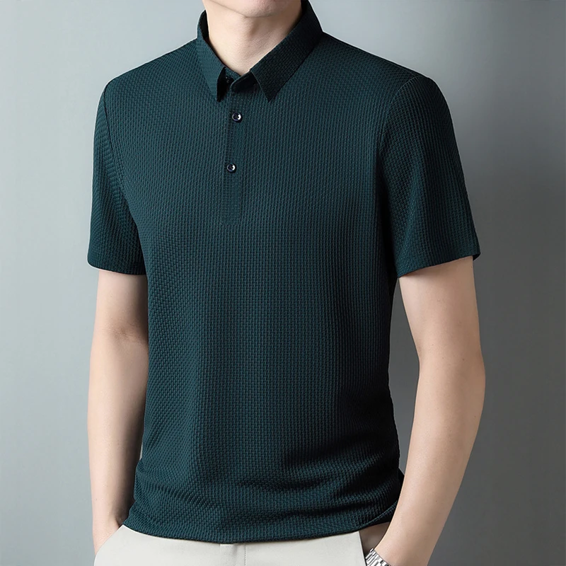 

Мужская летняя рубашка поло с коротким рукавом из жаккарда с отложным воротником, повседневная дышащая однотонная удобная модная футболка без железа
