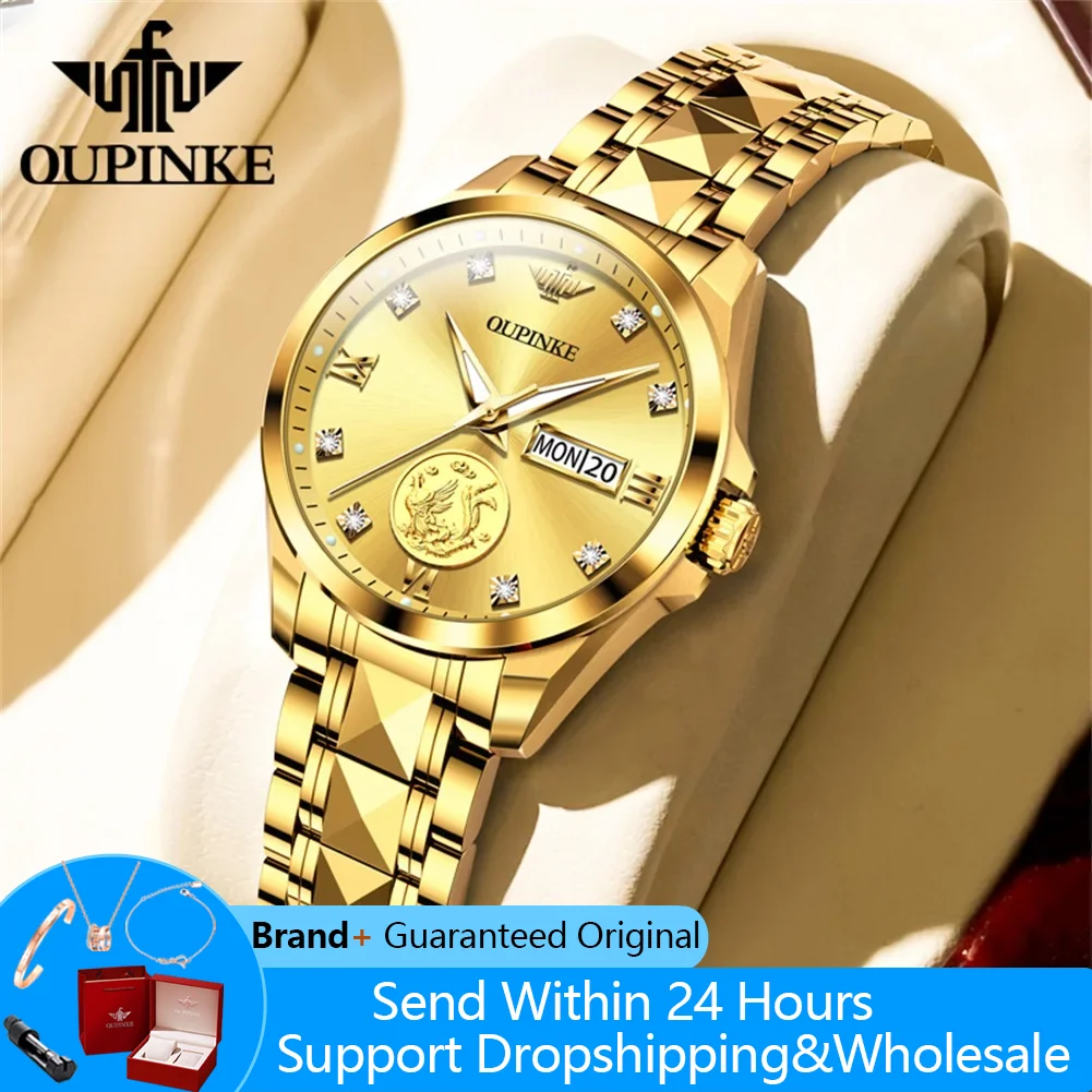 

OUPINKE 3259, роскошные часы для женщин, синтетические сапфировые зеркальные механические женские часы, ремешок из вольфрамовой стали, наручные часы с календарем