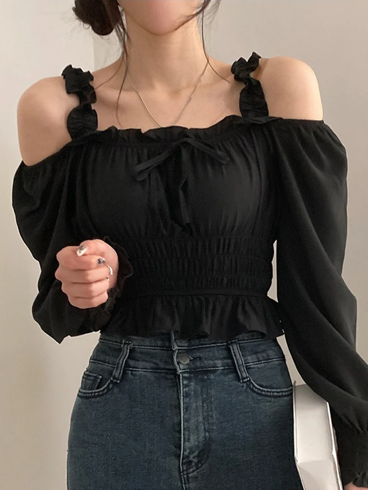 

Slim Fit Women's irt oulder Bared Lantern Sve ort Sle Korean Commute Faion Pure Color Button up Top