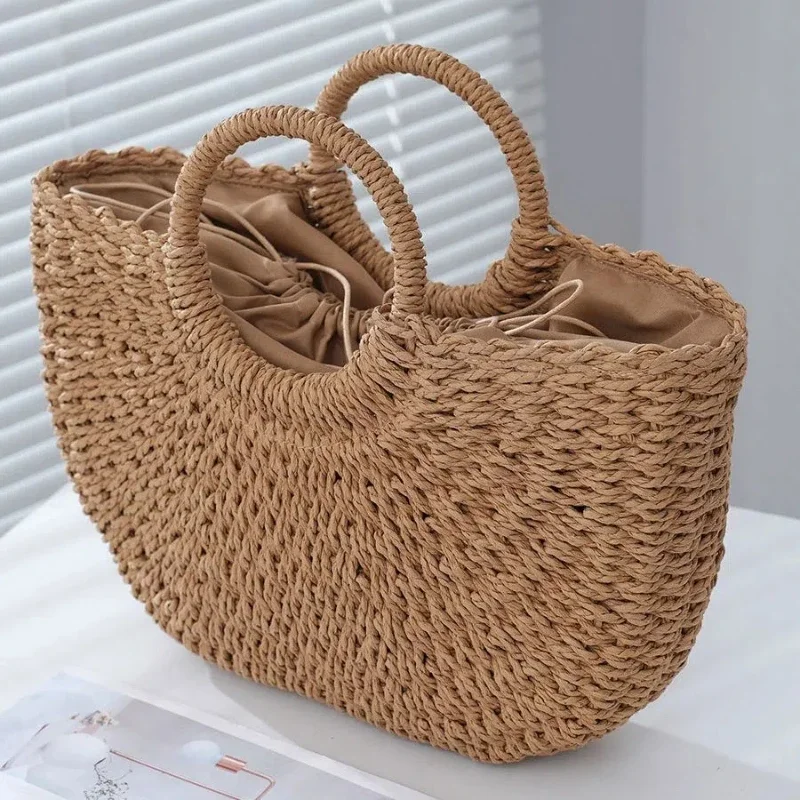 

2024 New Handheld Straw Woven Bag for Women Handmade Portable Handbag Large Capacity Beach Bag Handheld Money Bag Moon Bag