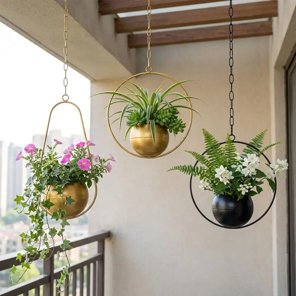 Minimalist Metal Hanging Flower Pot Iron Art with Chain Hook Hanging Plant Bucket Wear-resistant Handmade Flower Vase
