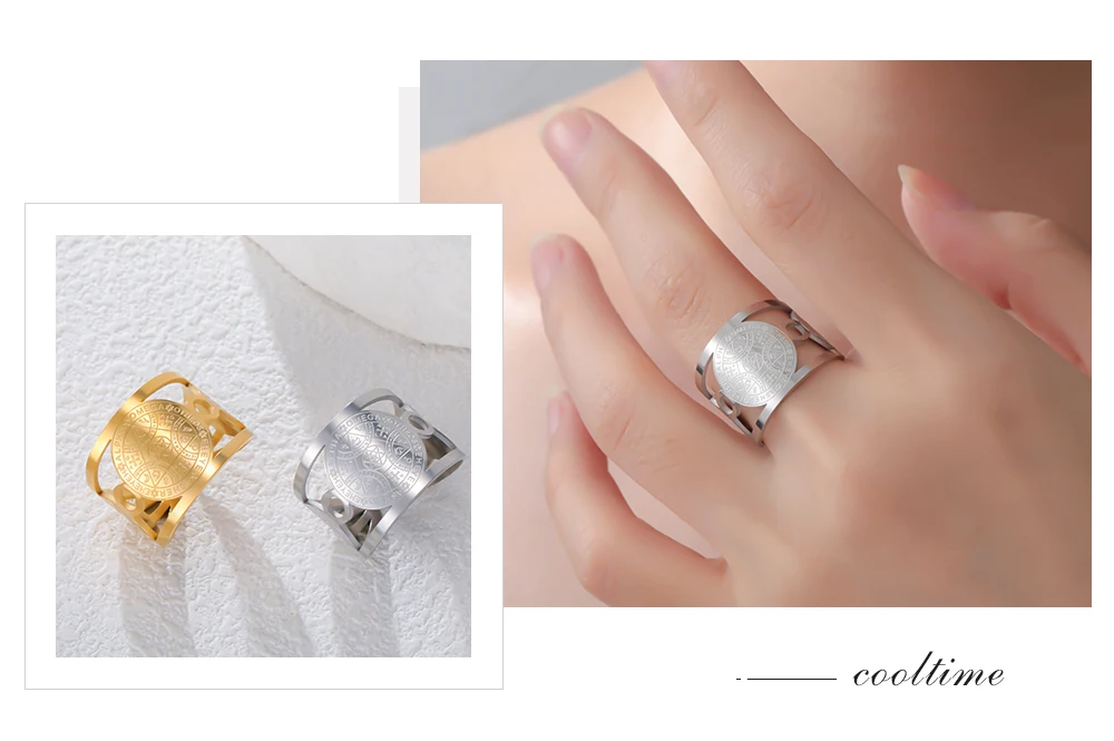 COOLTIME Engel Siegel Offene Ringe Edelstahl Vintage Magischer Schutz Amulett Hexagramm Ring Schmuck Geschenk – Detail 8