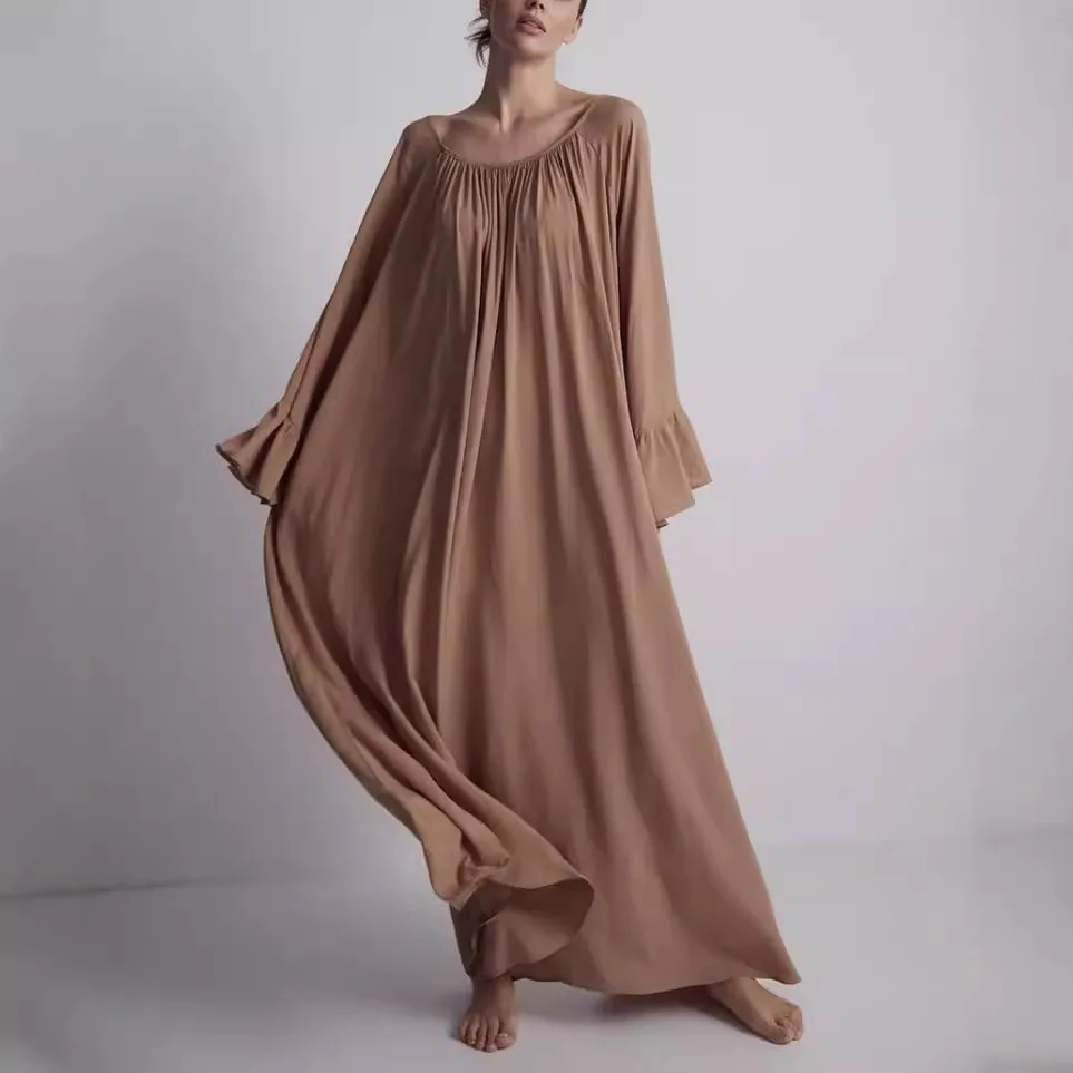 

Solid Color Casual Dress For Women Fashion U-Neck Chic Long Flared Sleeve Maxi Dresses Spring New Ladies Gown Dresses Vestidos