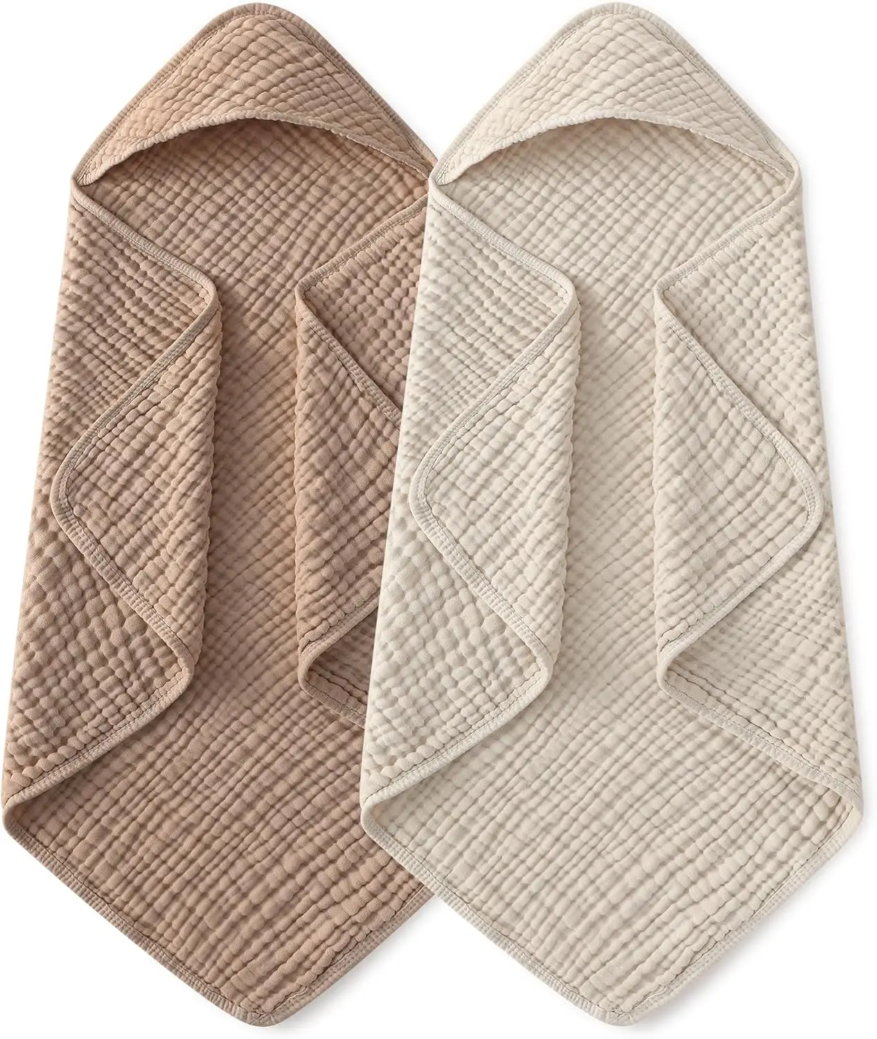 Hooded Baby Towels 2 Pack 100% Muslin Organic Cotton Soft Absorbent for Newborn Infant Toddler Kids 32x32Inch Beige&Coffee