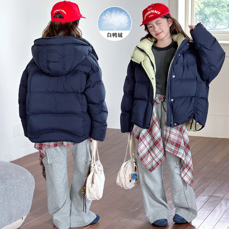 

Hooded Short Style Contrasting Color 2025 Winter New Loose Down Jacket Thick Bread Jacket For Child Age 4-14Y Casual Warm Coats