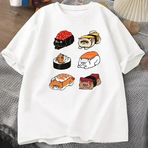 Kawaii Cute Cats Sushi T Shirt Women Y2k T-Shirt Summer Short Sleeve Tee Cartoon Print Tshirt Tees Women Clothing