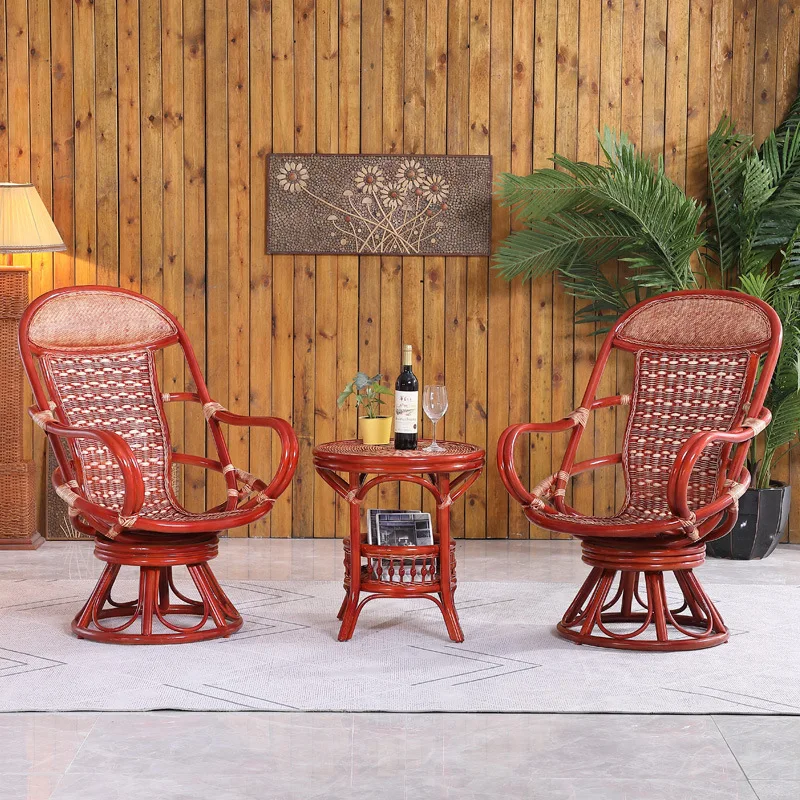 طقم كرسي الروطان الطبيعي المكون من ثلاث قطع، كرسي دوار للشرفة، مزيج طاولة قهوة بمسند ظهر كاجوال فردي