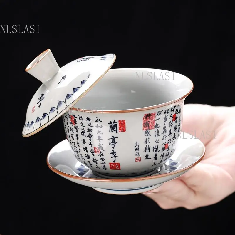 150ml Chinese Calligraphy Gaiwan with Lanting Xu Design Gold Rim Ceramic Underglaze Color Tea Tureen Kung Fu Teaware