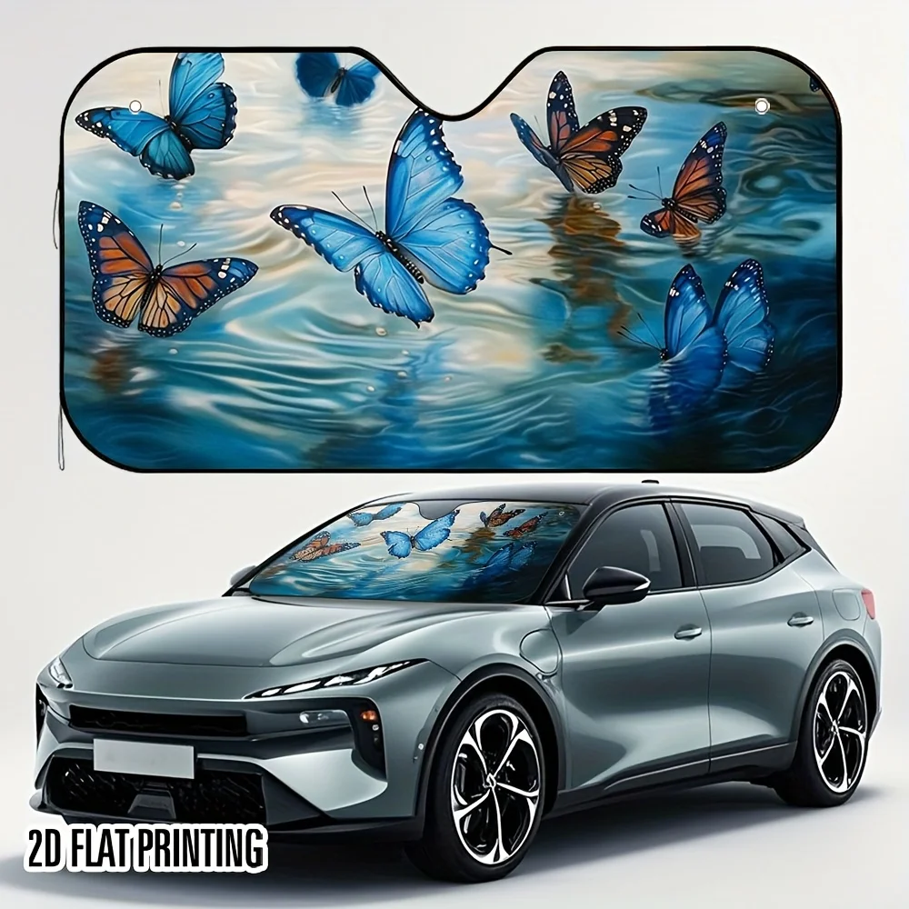 1pc White 2D Flat Butterfly Dance Ripples in Water Design Car Sunshade Blue Orange Butterflies, Foldable with 4 Suction Cups