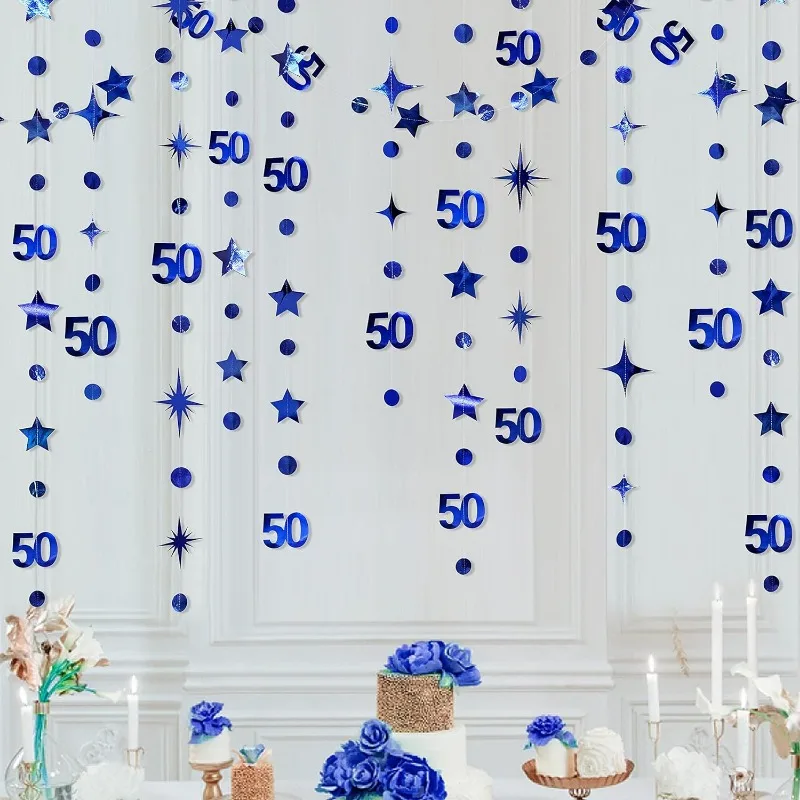 Navy Blue 50th Birthday Banner Decor Number 50 Circle Dot Twinkle Star Garland 50 Year Old Happy 50th Anniversary Party Supplies