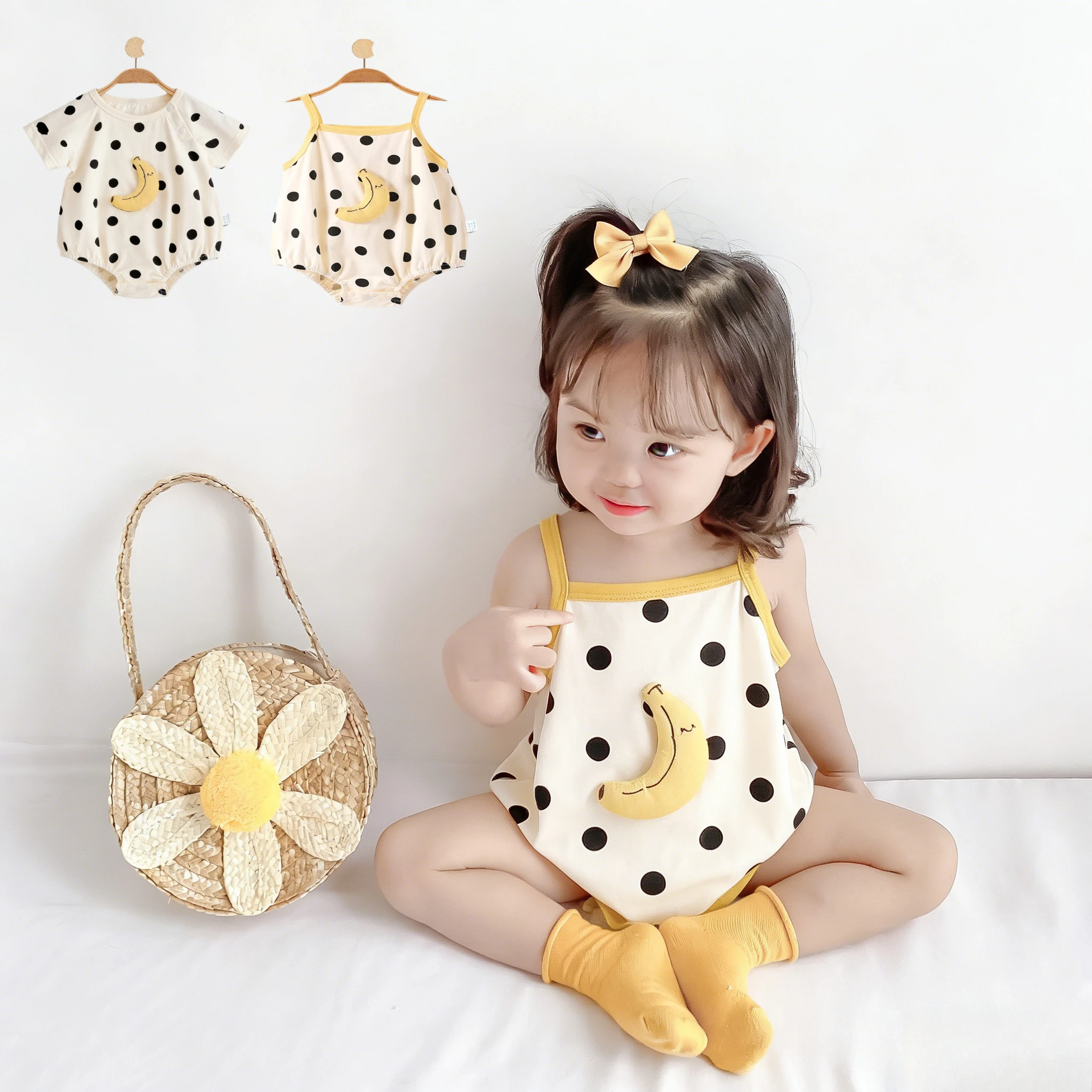 

Милый детский боди на бретельках в горошек | Мягкий хлопковый комбинезон для младенцев с банановым декором | Дышащий летний комбинезон для новорожденных