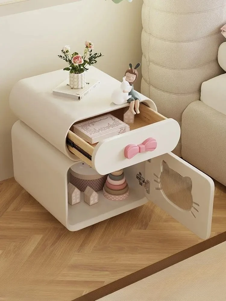 

French Nightstand - Cream Kitty-Themed Bedside Table for Girls' Room
