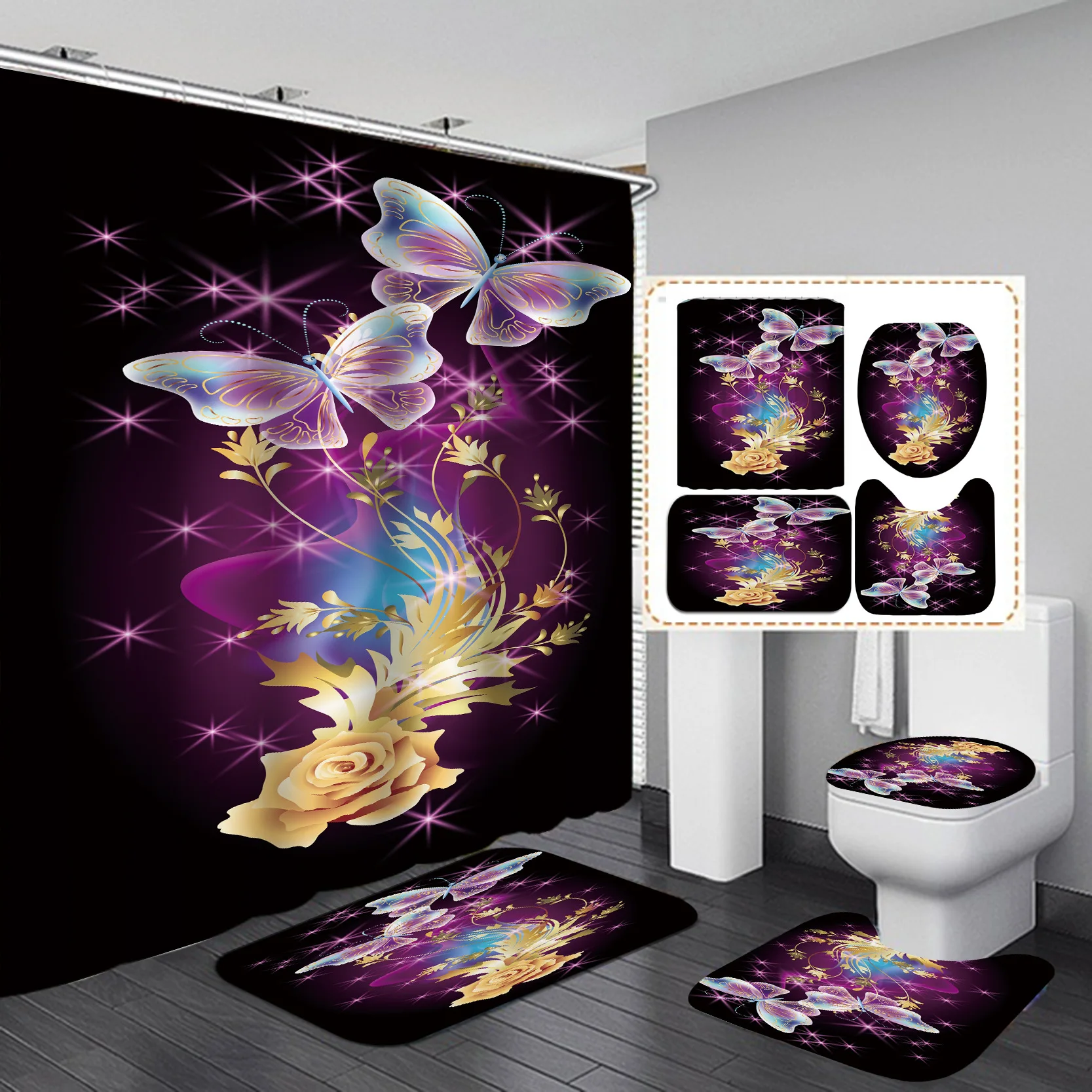 Romantic Rose Shower Curtain Polyester Waterproof Fashion Flowers Floor Mat Toilet Set Bath Accessories Mildew Proof