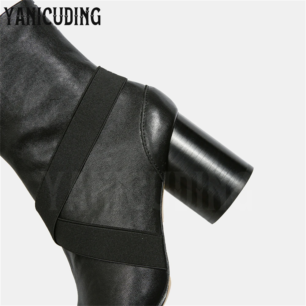 Cross Strap Tabi Booties Black Leather Cylindrical Heel Ankle Boots Novelty Designer Style Leather Boots Multi Heel Modern Boots