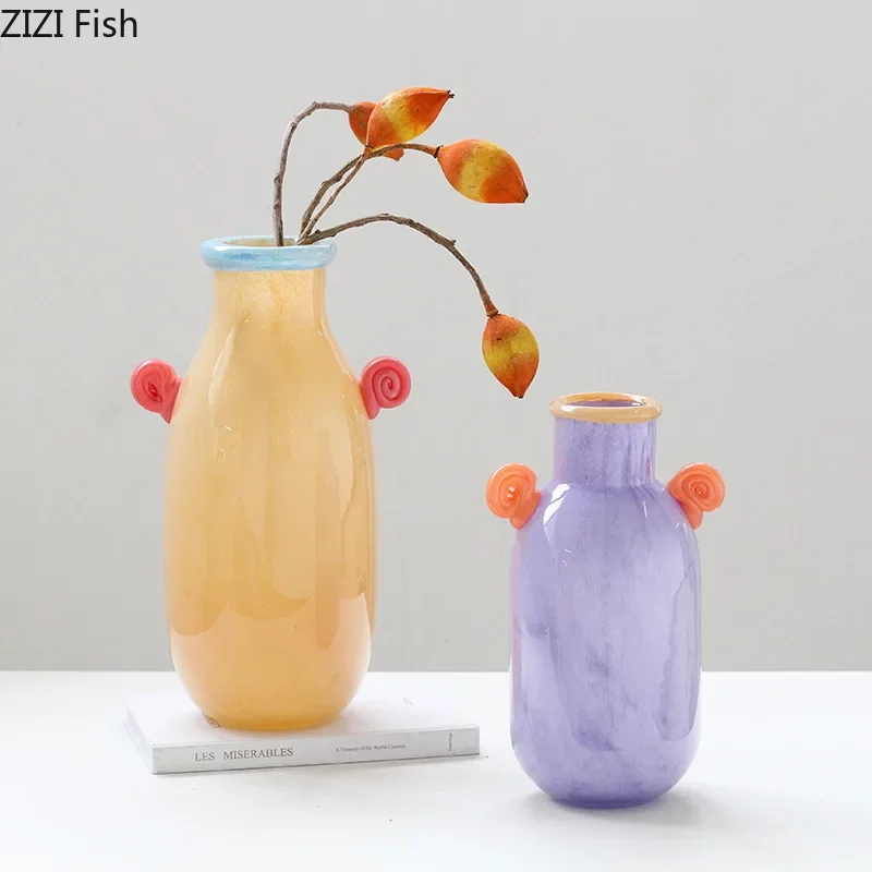 Candy Gradient Color Glass Vase Desk Decoration Artificial Flower Decorative Flowers Arrangement Vases Room Aesthetic Decor