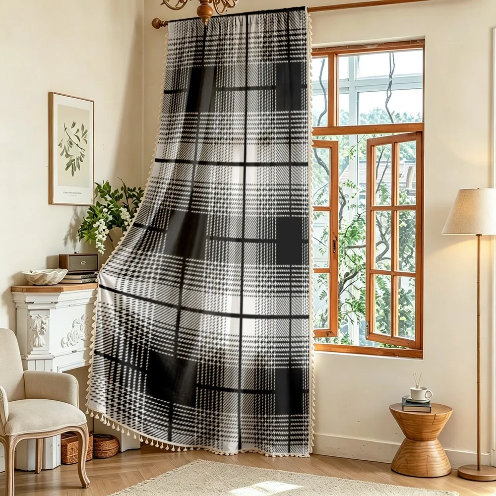 1PC Plaid Tassel Sheer Curtains, Black White Houndstooth, Digital Print, Linen Polyester, Bedroom Living Room Kitchen Home Decor