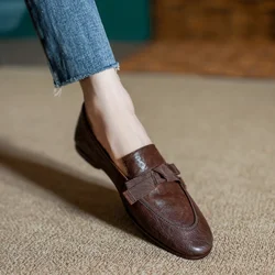 Casual Loafers Women Slip-On Soft Horsehide Flats Women Basic Loafer Cozy Round Toe Simple ShoesRetro Mules Bowtie Flats