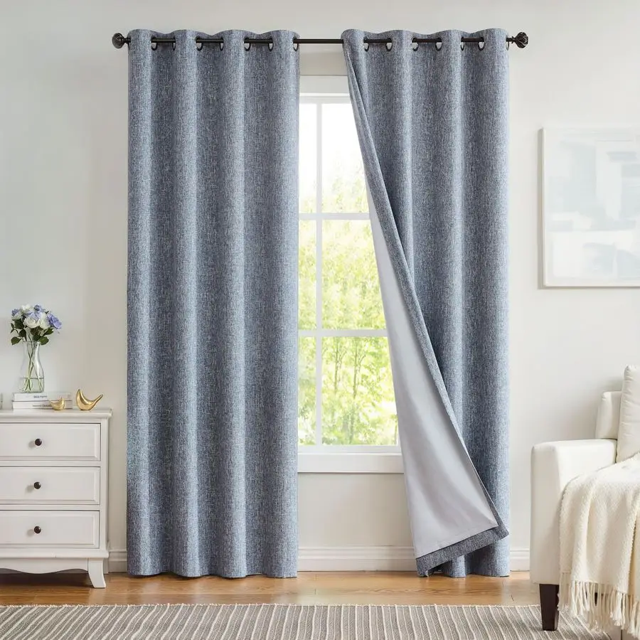 

Solid Full Blackout Curtain Heavy Linen Texture Window Treatment for Bedroom Noise Reducing Thermal Insulated Drapes 8 Grommets