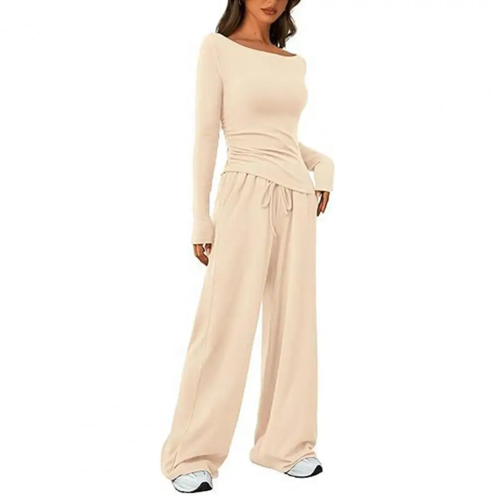 Women Solid Color Suit Women\'s Solid Color Irregular Blouse Wide Leg Trousers Set for Wear Round Neck Long Sleeves for Fall