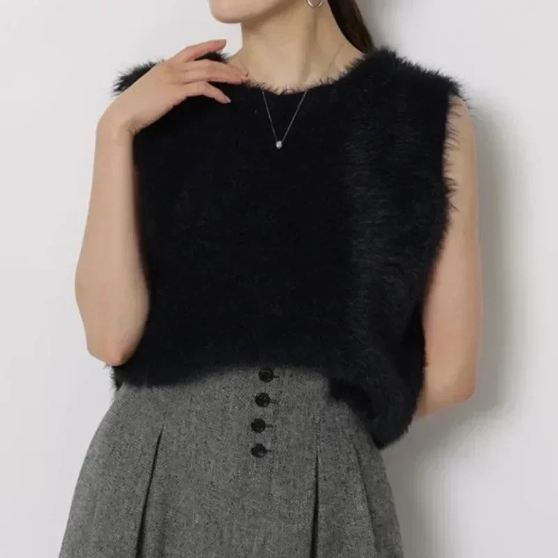 V Neck Plush Sweater Vest Japan Office Lady Sleeveless Tops Spring Single Breasted Clothes Women Basic Elastic Knitted Tanks