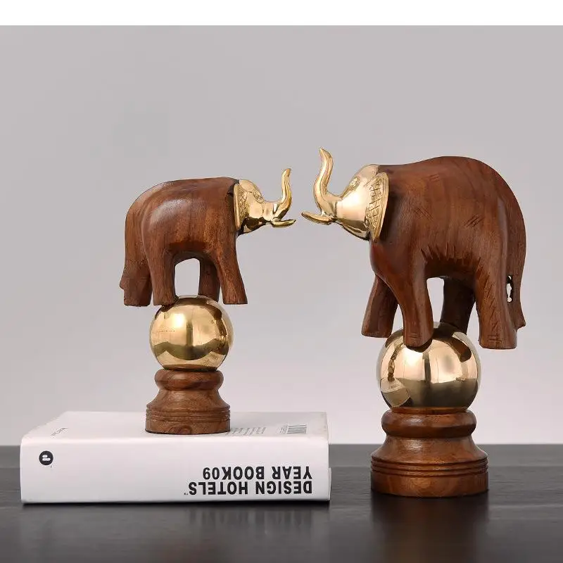 Couple Deer Brass Crafts Statue Artwork Animal Wood Sculpture Desk Ornaments Living Room Decoration Furnishings