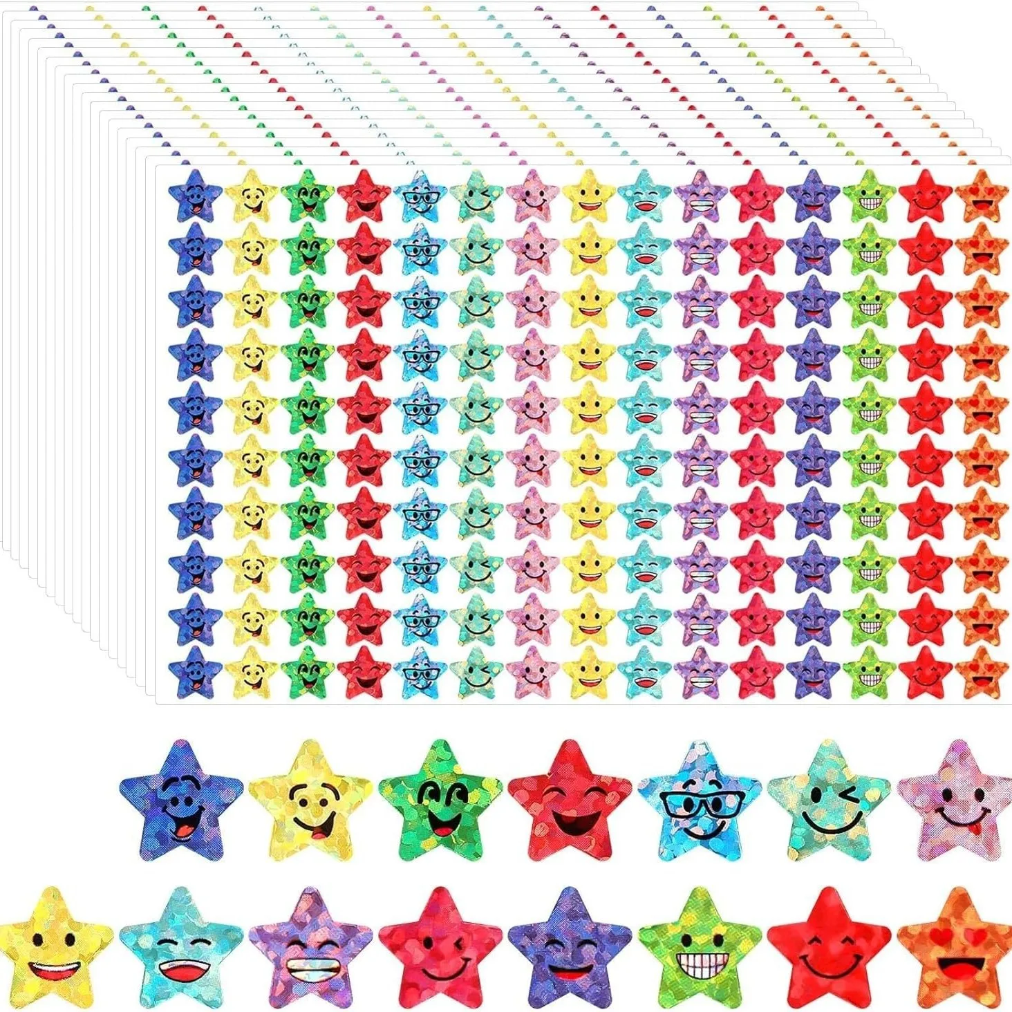 1500 قطعة من ملصقات النجوم الصغيرة المصنوعة من رقائق اللامعة، 15 تصميمًا لملصقات وجه سعيد، مناسبة للحرف اليدوية وجوائز مكافآت الطلاب