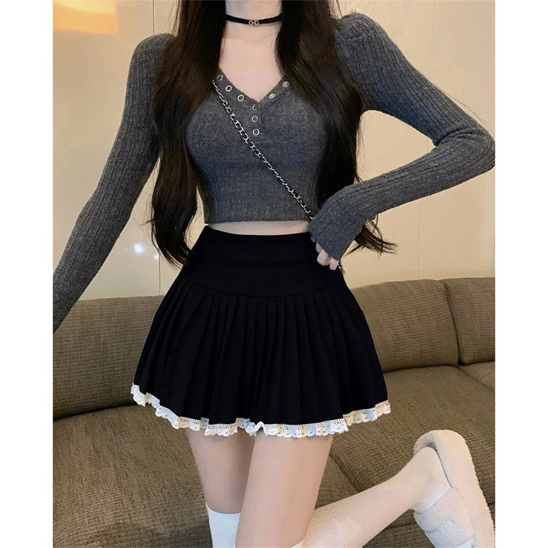 Harajuku Woolen Mini Skirt Women Streetwear Lace Patchwork Black Pleated Skirts Winter Fashion Korean High Waist A Line Faldas