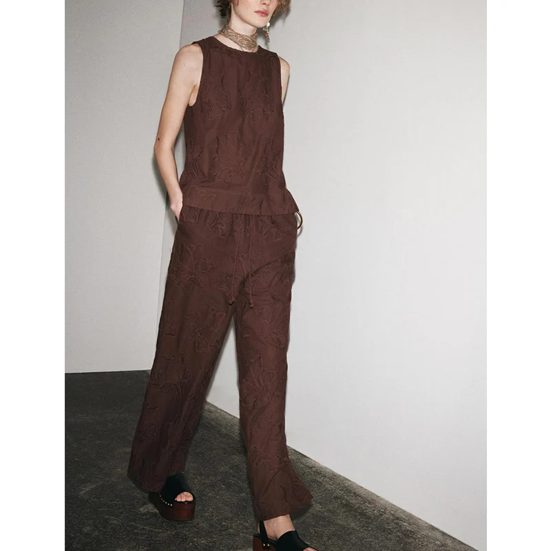 Summer Cotton Blend Embroidered round Ne Svel Top Matching Pants Spwear Sle Two-Piece Set Long Pants ort Sve