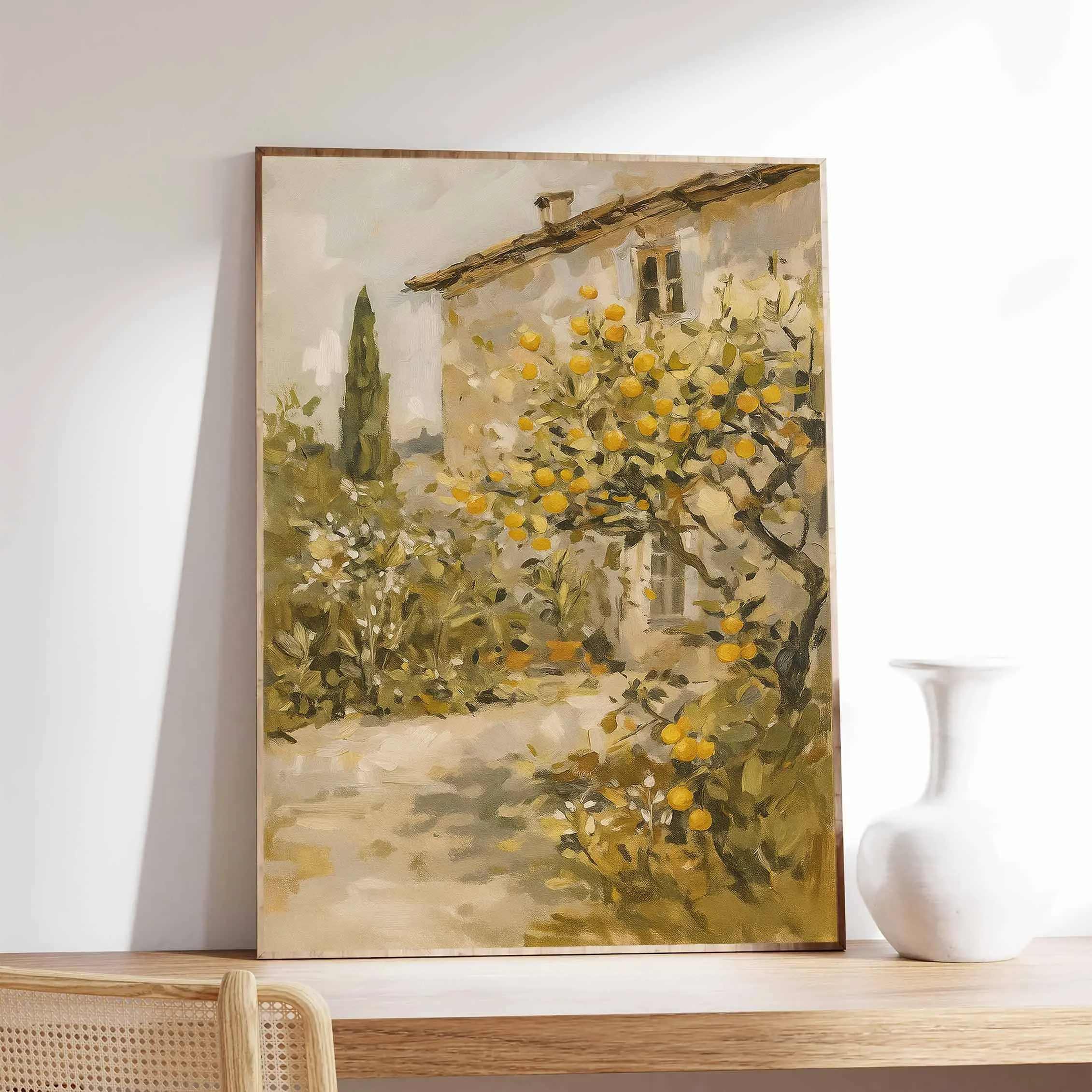 Frameless Canvas Poster. Painting of Italian Tuscan Country House with Cypress Tree and Orange Trees in the Garden. Wall Art Can