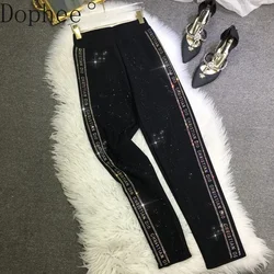 High Quality Letters Hot Drilling Women Leggings Stretch High Waist Tight Pants Fashion Autumn Winter Ankle-length Legging Black