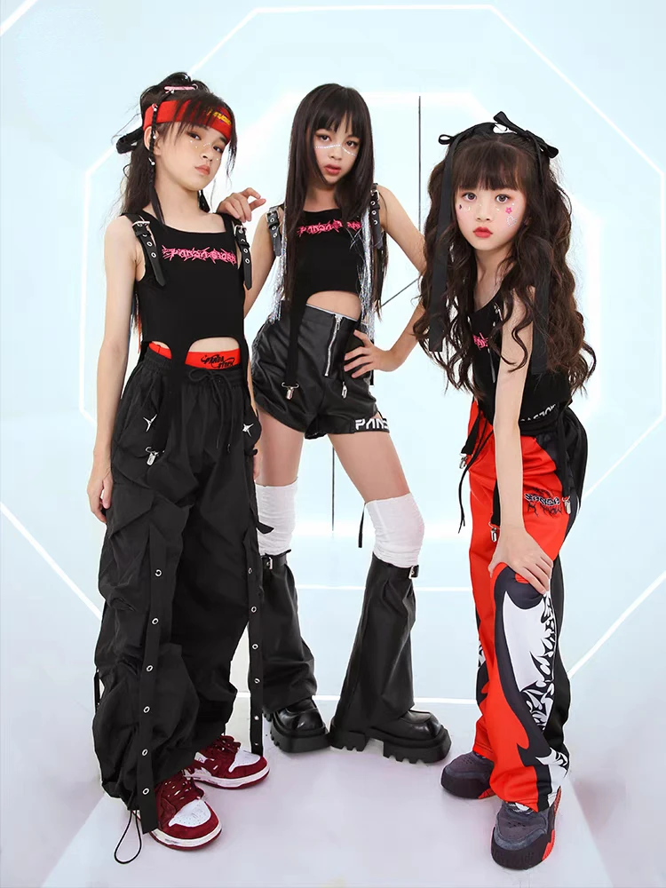 Neue Mädchen Street Dance Kleidung Anzug Schwarze Weste Hosen Hip Hop Leistung Kleidung Set Gruppe Trommel Konzert Bühne Outfits Streetwear
