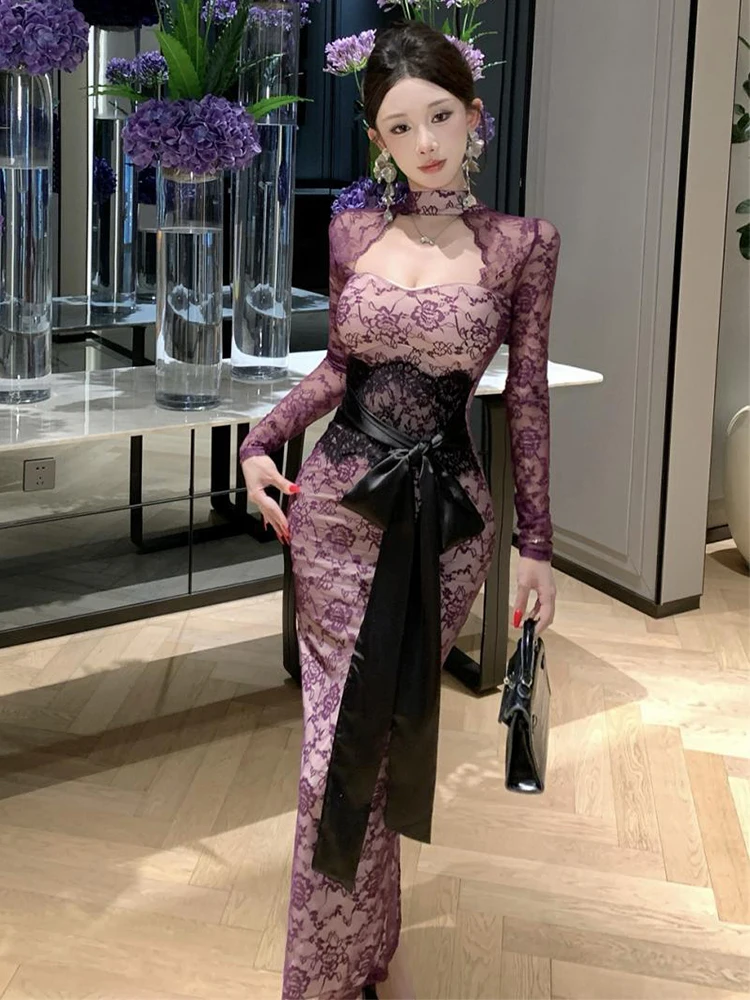 Fashion Women Lace Evening Gown Sheer Cutout Sexy Long Sleeve Bow Belt Bodycon Maxi Long Dress Cocktail Party Prom Robe Vestidos
