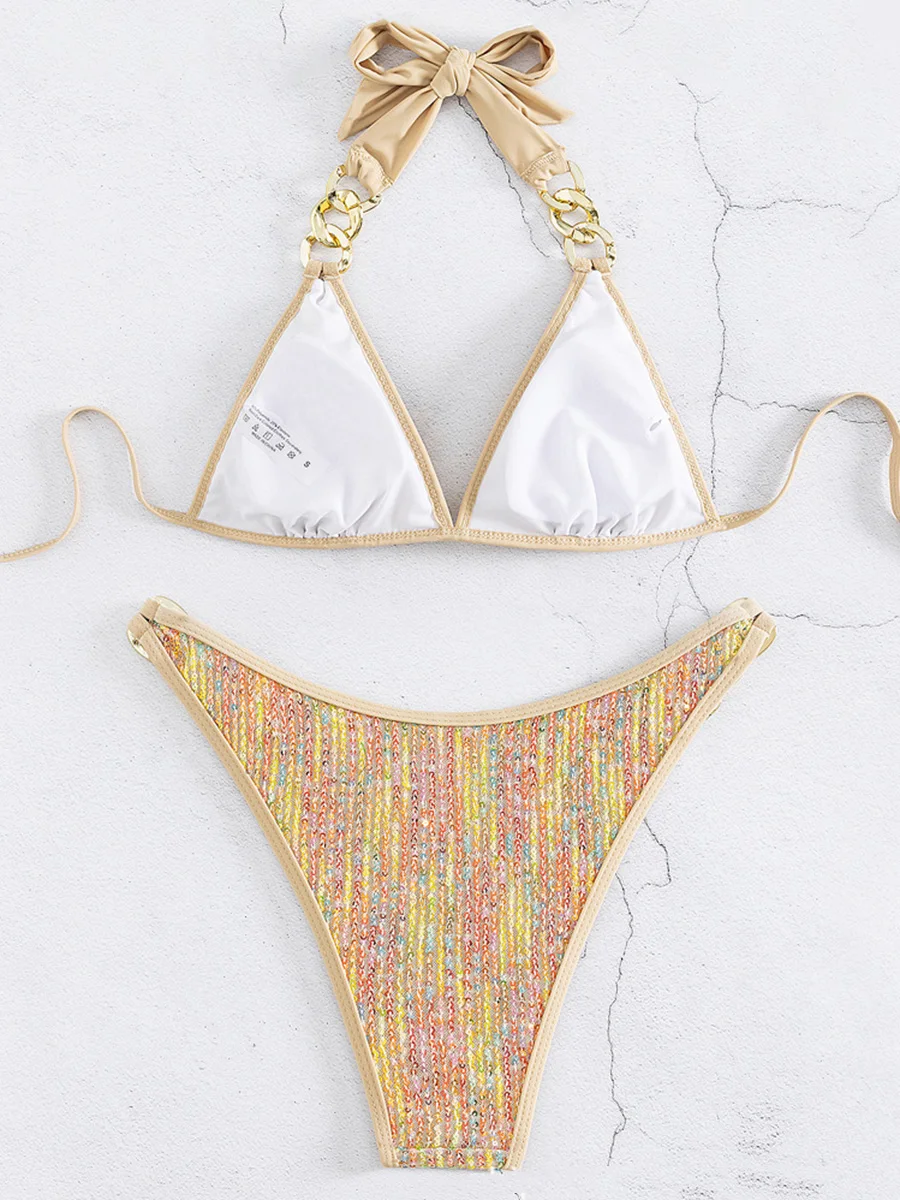 Shiny Sequins Bikinis 2024 Metal Chains Bikini Women Swimwear Female Swimsuit Two-pieces Bikini Set Bathing Suit Swim Beach Wear