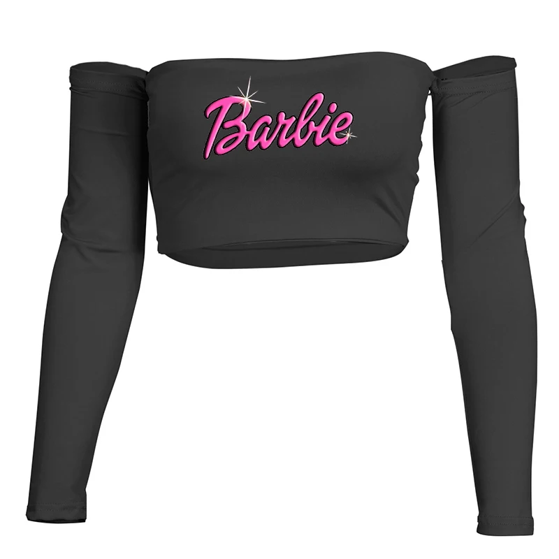 Sexy Barbie Ladies Off Shoulder Crop Top Fashion Kawaii Anime Y2K Girls Long Sleeve Tube T Shirt Casual Short Streetwear Gifts